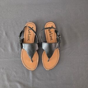 Sara Black Leather Thong Sandals with Tan Footbed